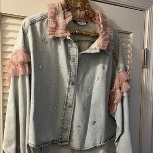Upcycled Tulle and Rhinestone Denim Button Down Shacket